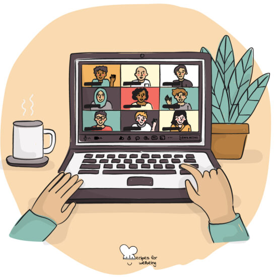 Illustration of a group of people interacting online. © Recipes for Wellbeing