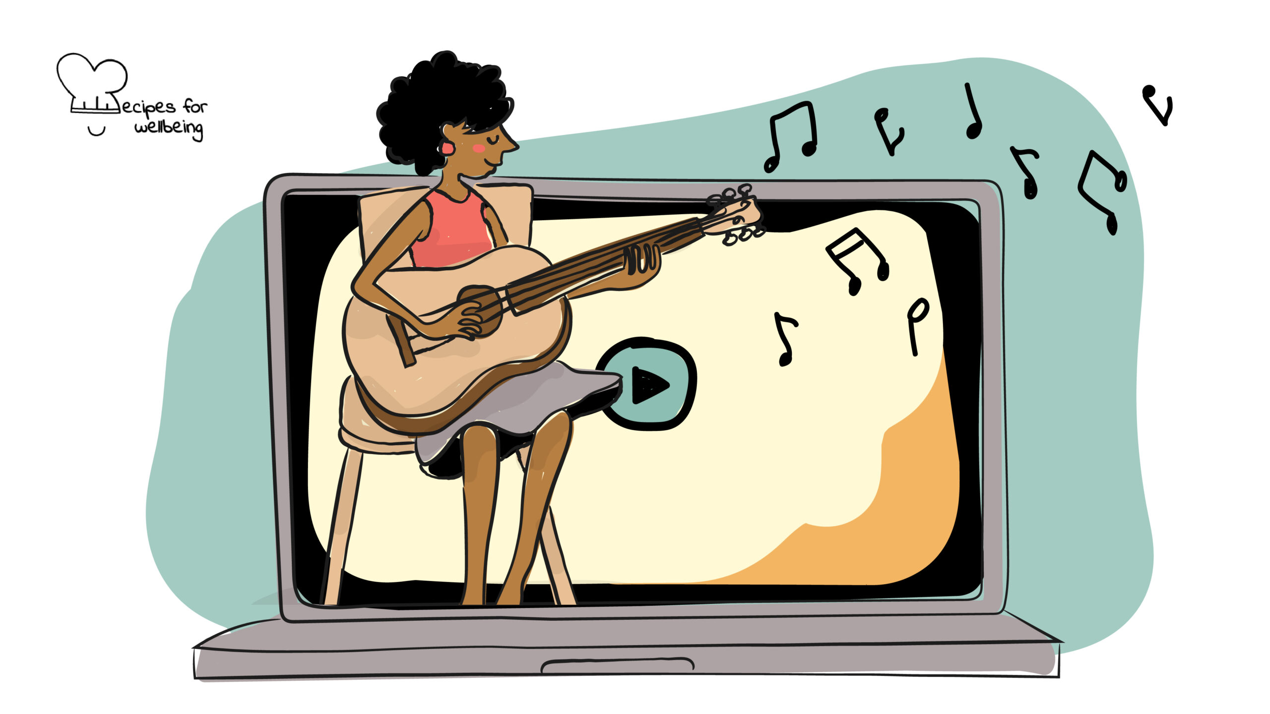 Illustration of a person playing the guitar inside a laptop. © Recipes for Wellbeing