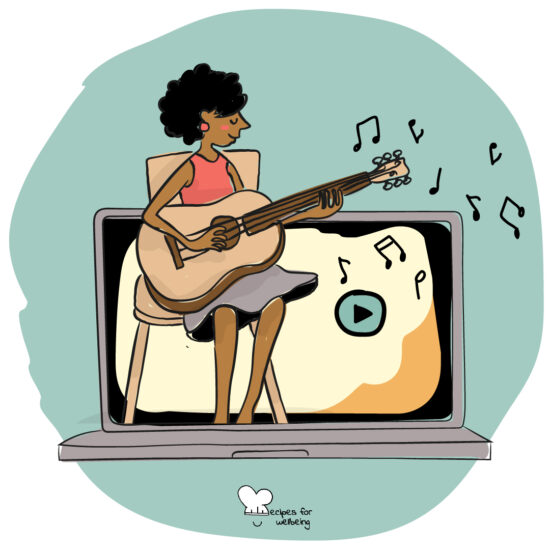Illustration of a person playing the guitar inside a laptop. © Recipes for Wellbeing