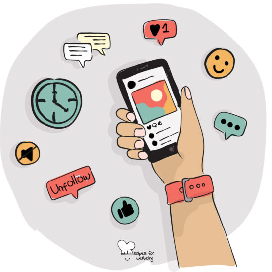 Illustration of hand holding a smartphone. © Recipes for Wellbeing
