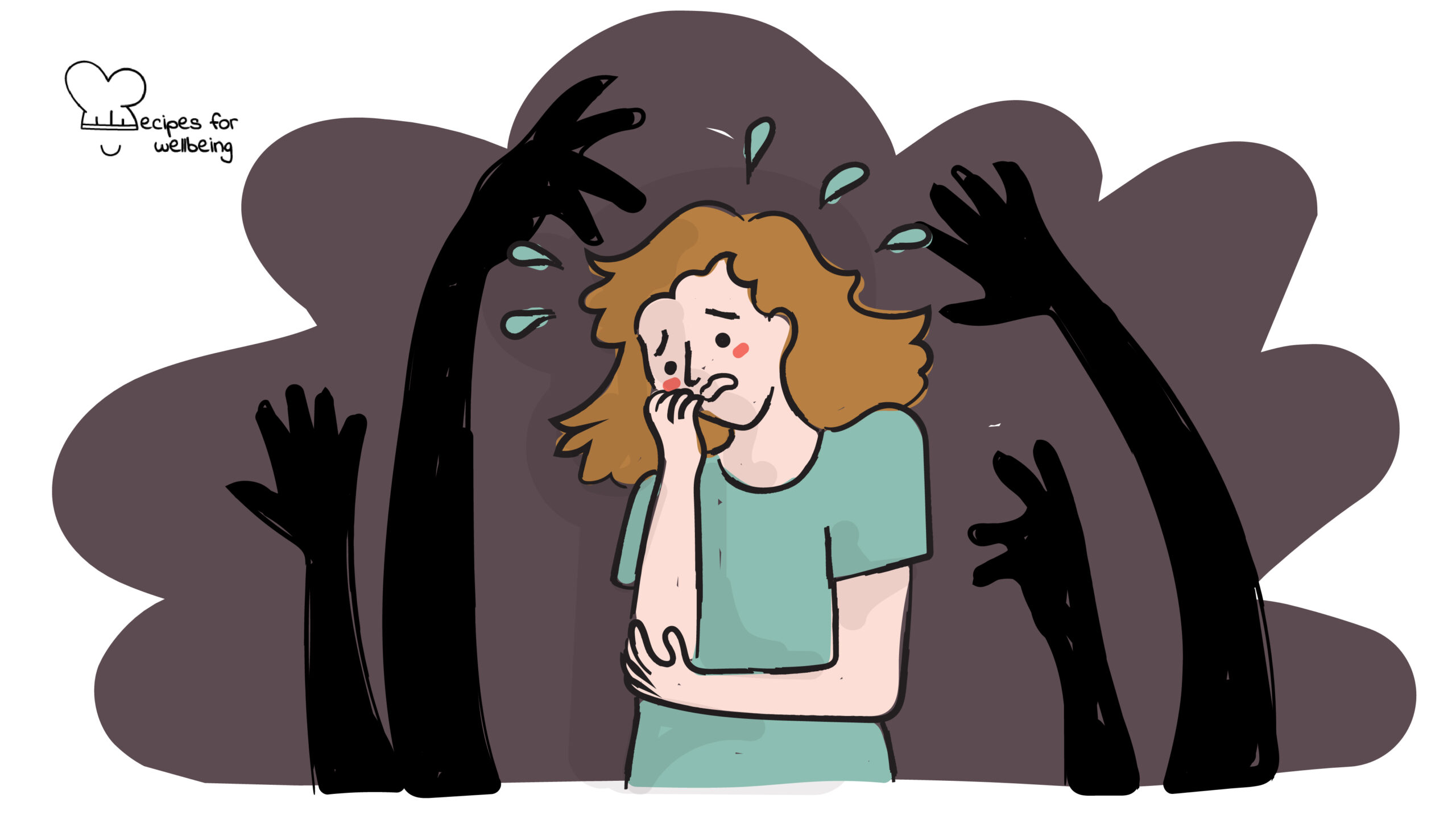 Illustration of a person in an anxious state with four dark arms and hands lurking behind. © Recipes for Wellbeing
