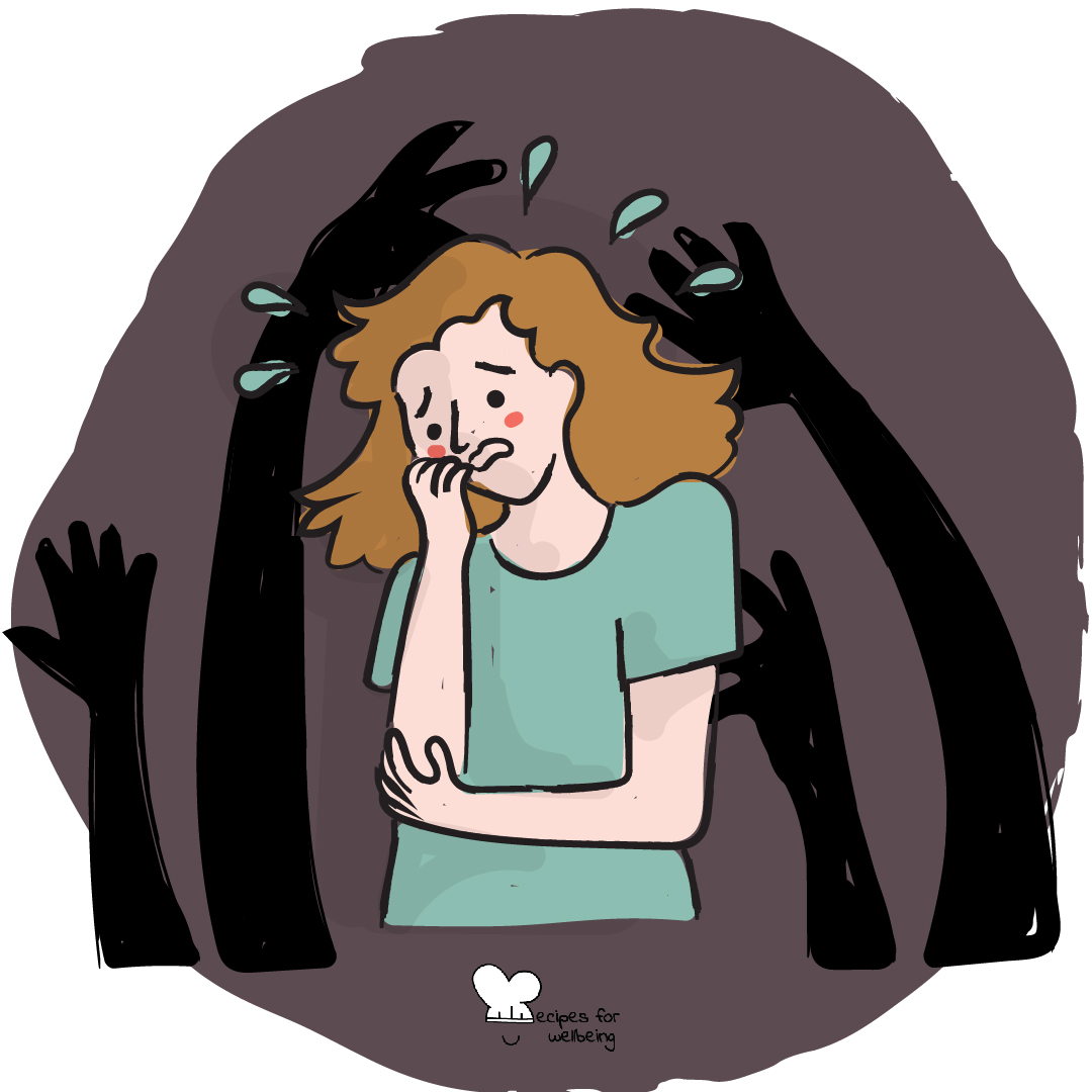 Illustration of a person in an anxious state with four dark arms and hands lurking behind. © Recipes for Wellbeing