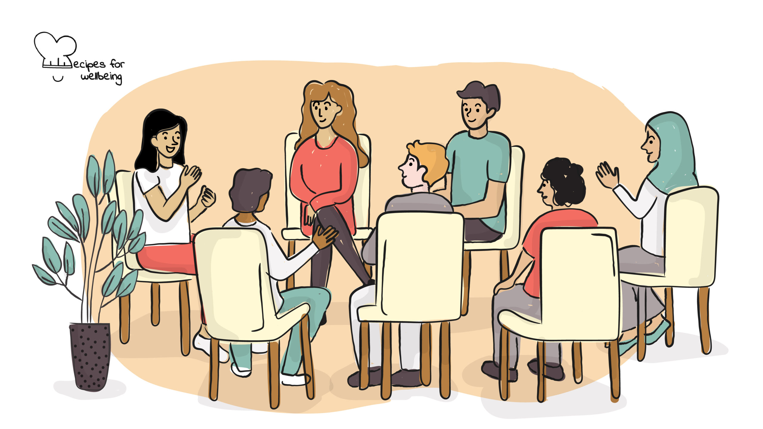 Illustration of a group of people sitting in a circle talking to each other. © Recipes for Wellbeing
