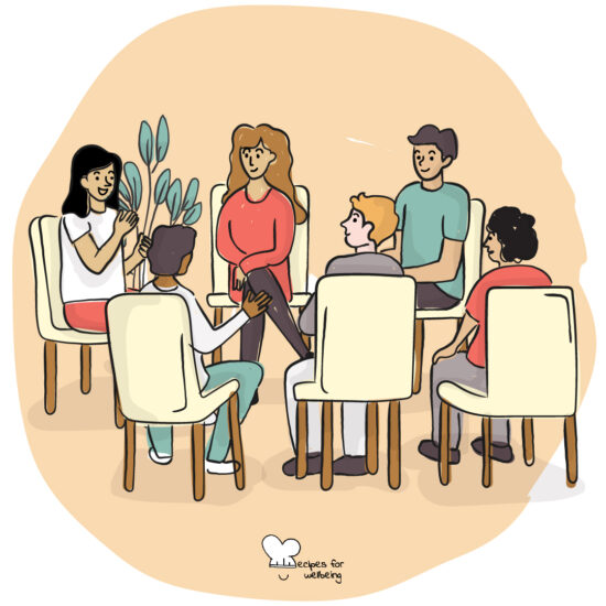Illustration of a group of people sitting in a circle talking to each other. © Recipes for Wellbeing
