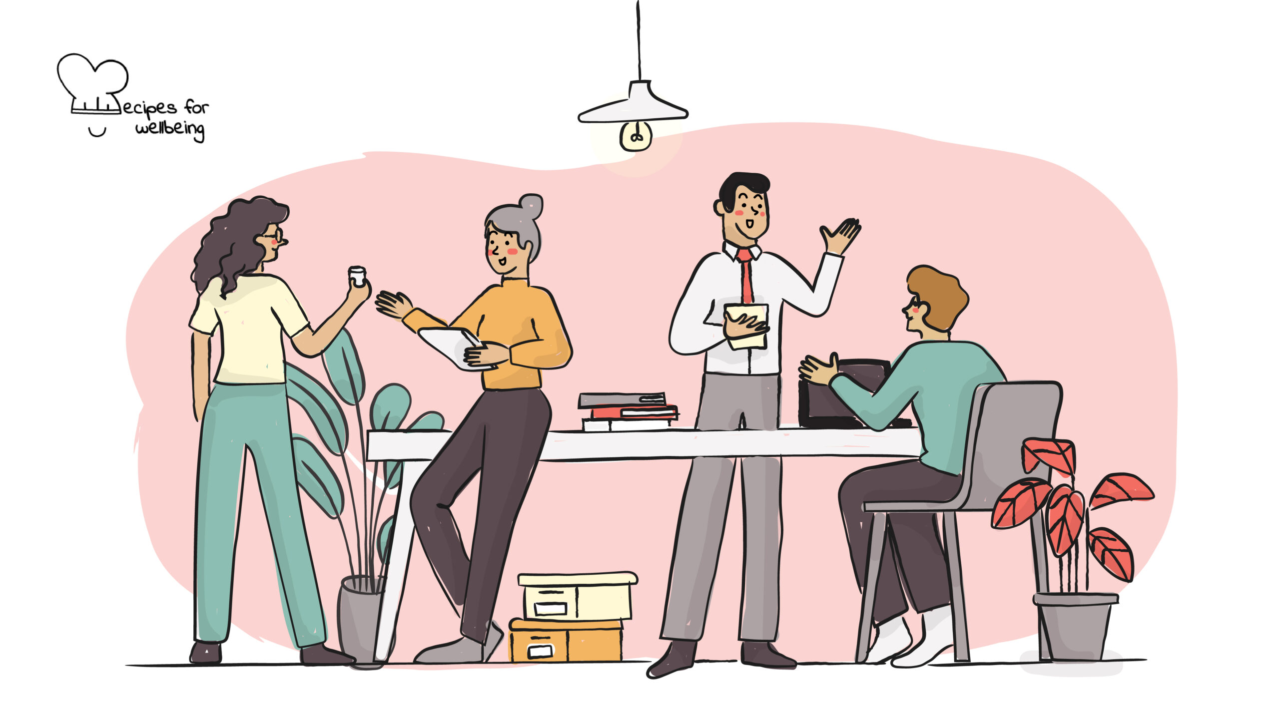 Illustration of a group of people talking to each other in an office setting. © Recipes for Wellbeing