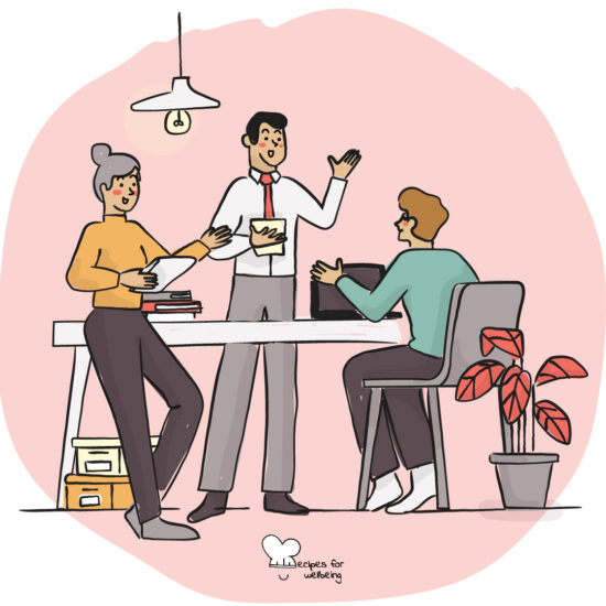 Illustration of a group of people talking to each other in an office setting. © Recipes for Wellbeing