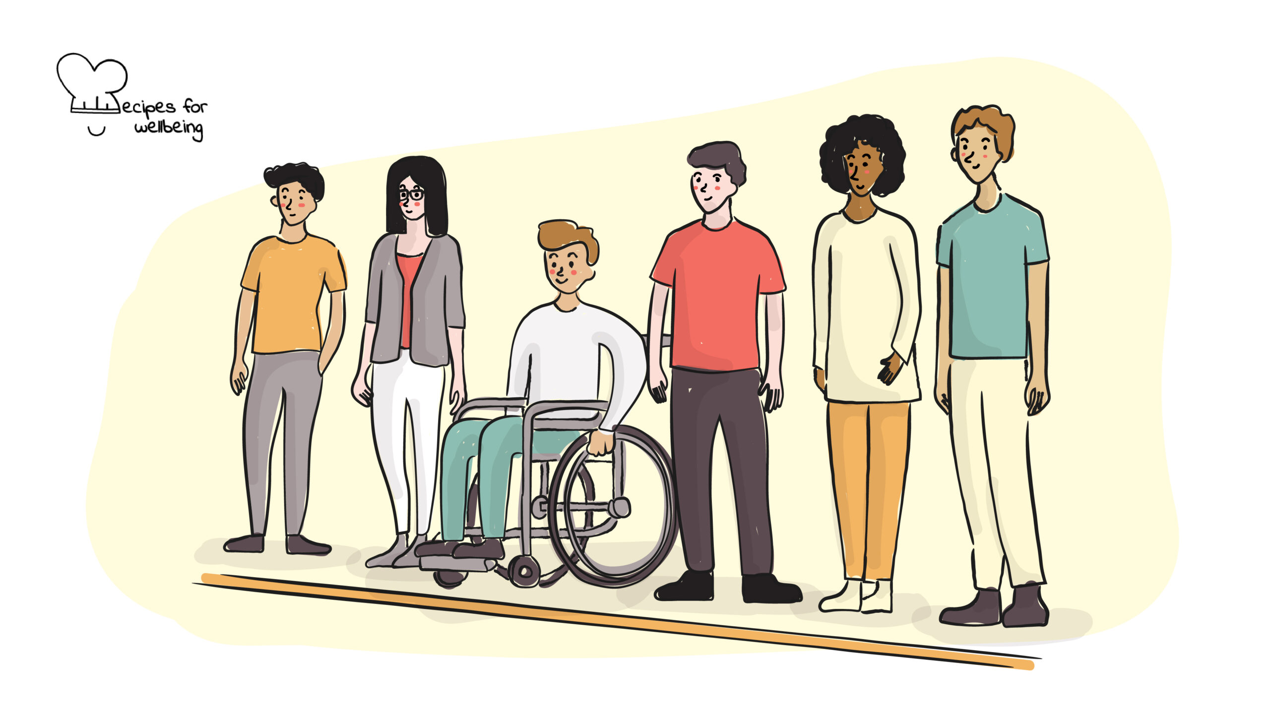 Illustration of a group of people standing next to each other behind a line. © Recipes for Wellbeing