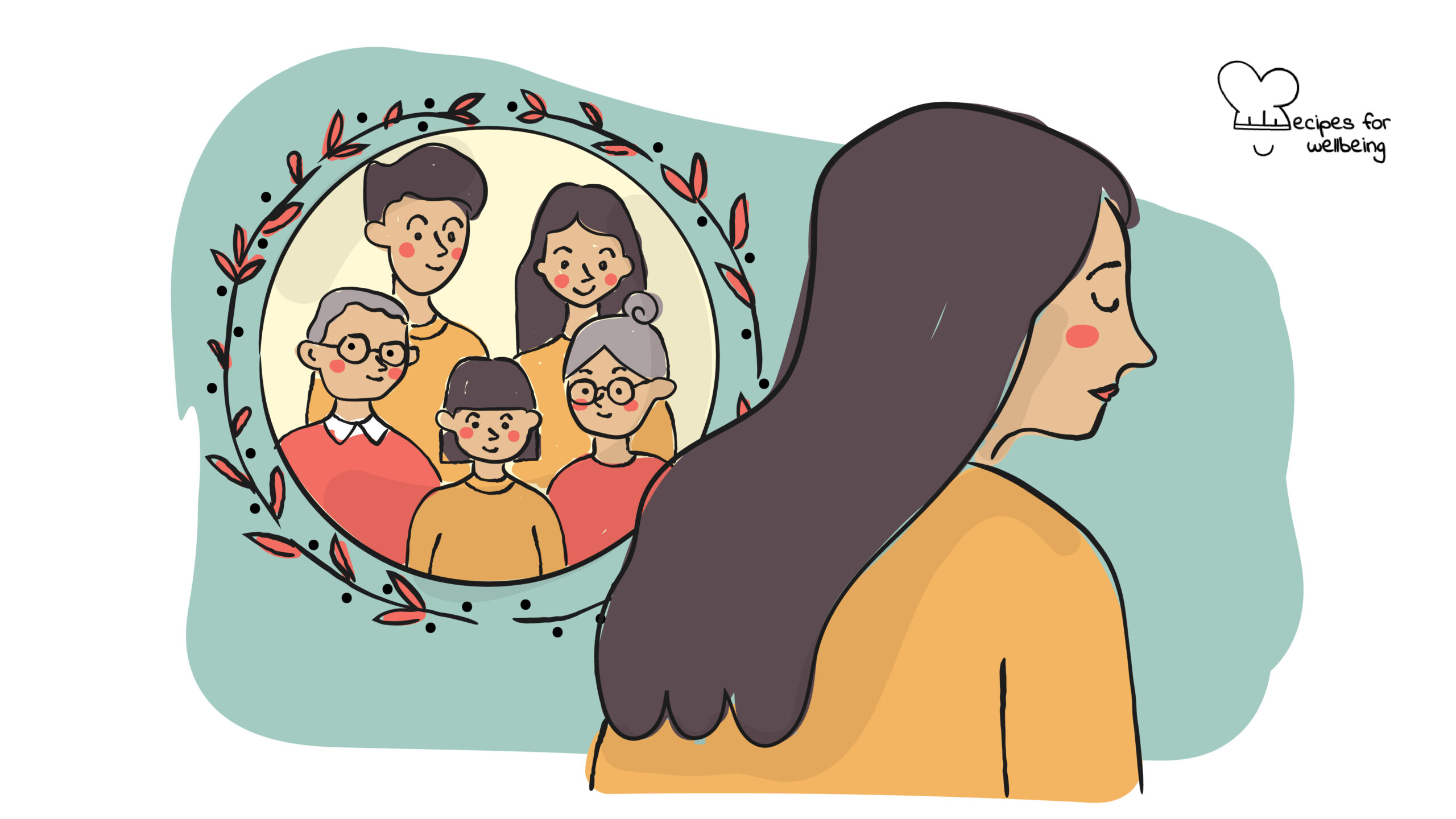 Illustration of person with a sad expression looking away from a picture with lost loved ones. © Recipes for Wellbeing