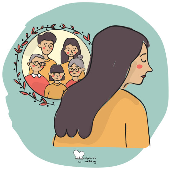 Illustration of person with a sad expression looking away from a picture with lost loved ones. © Recipes for Wellbeing