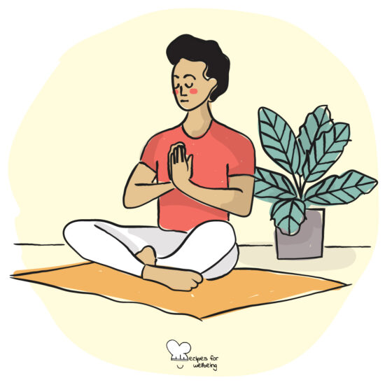 Illustration of a person sitting cross-legged on the floor in a meditative pose. © Recipes for Wellbeing