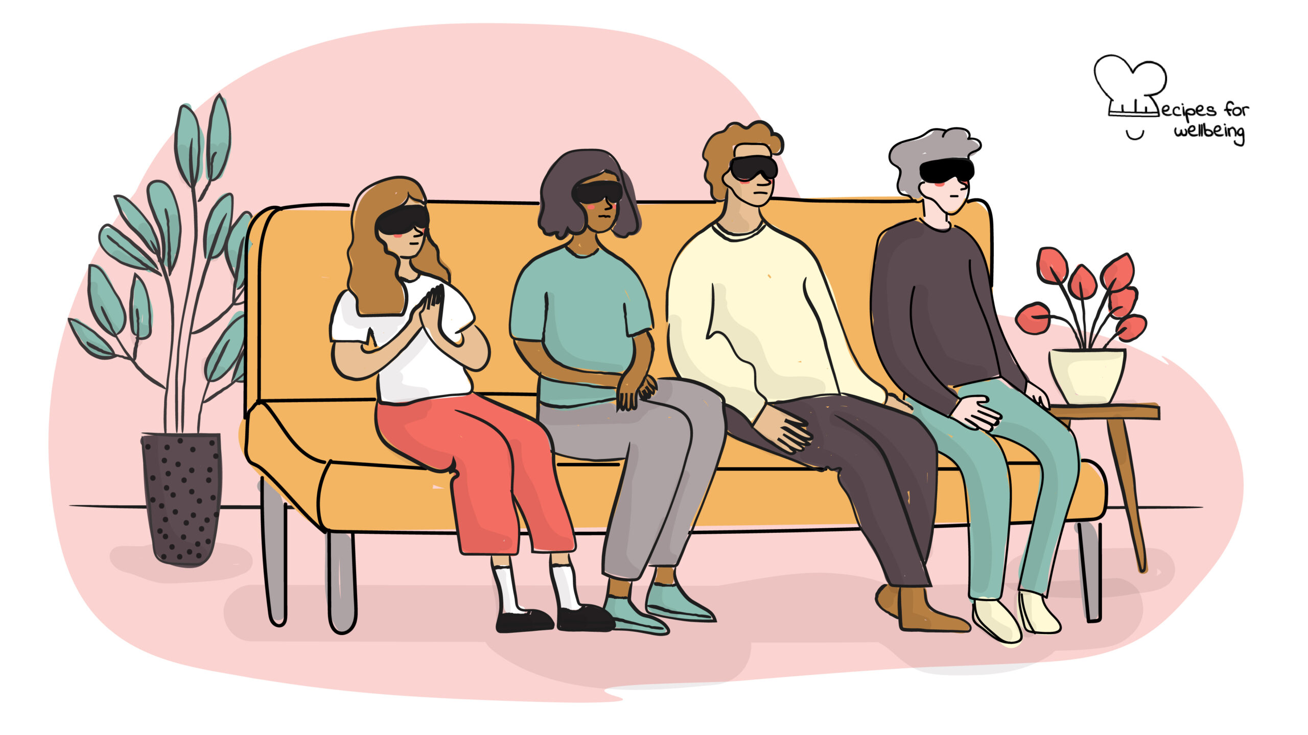 Illustration of a group of people sitting on a couch blindfolded. © Recipes for Wellbeing