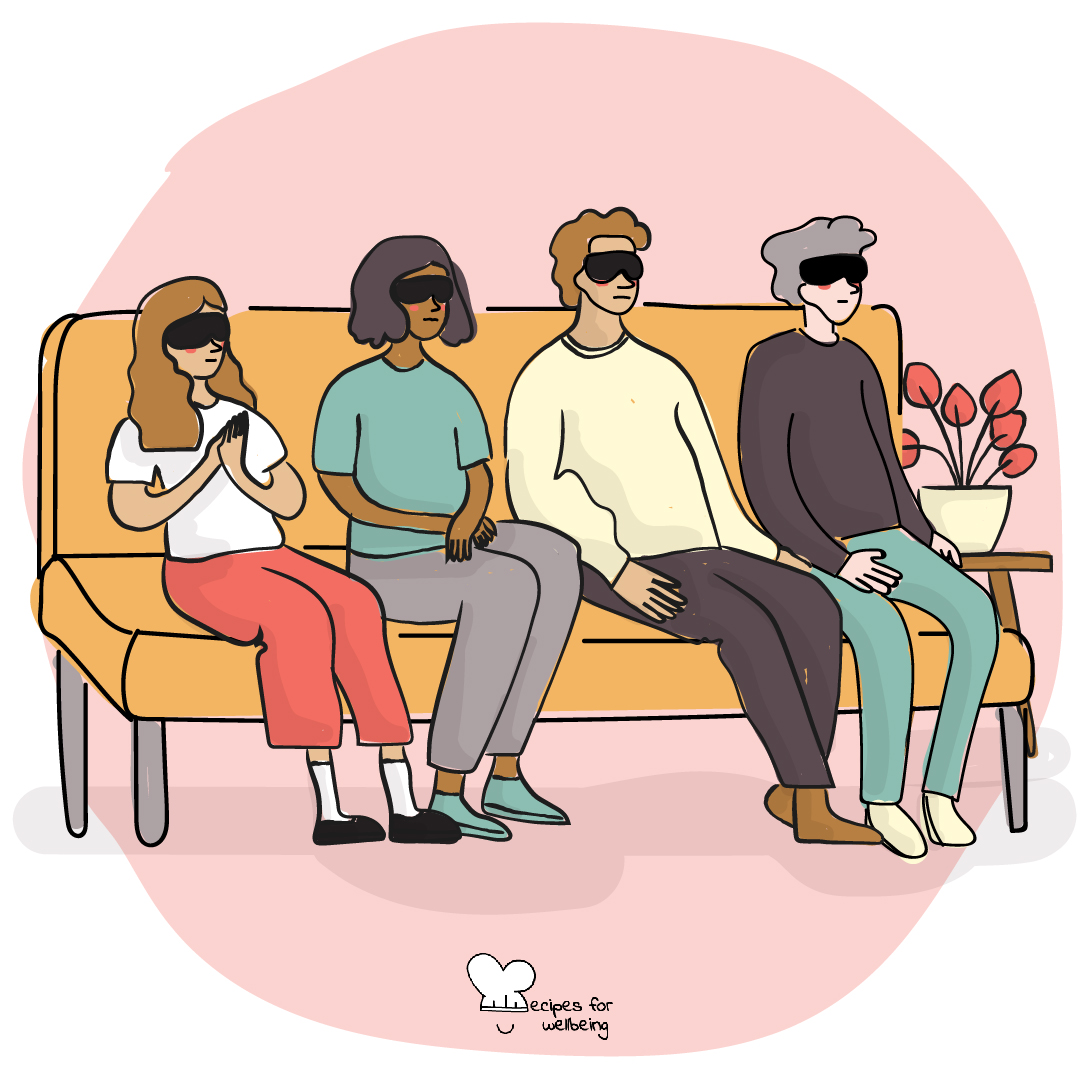 Illustration of a group of people sitting on a couch blindfolded. © Recipes for Wellbeing