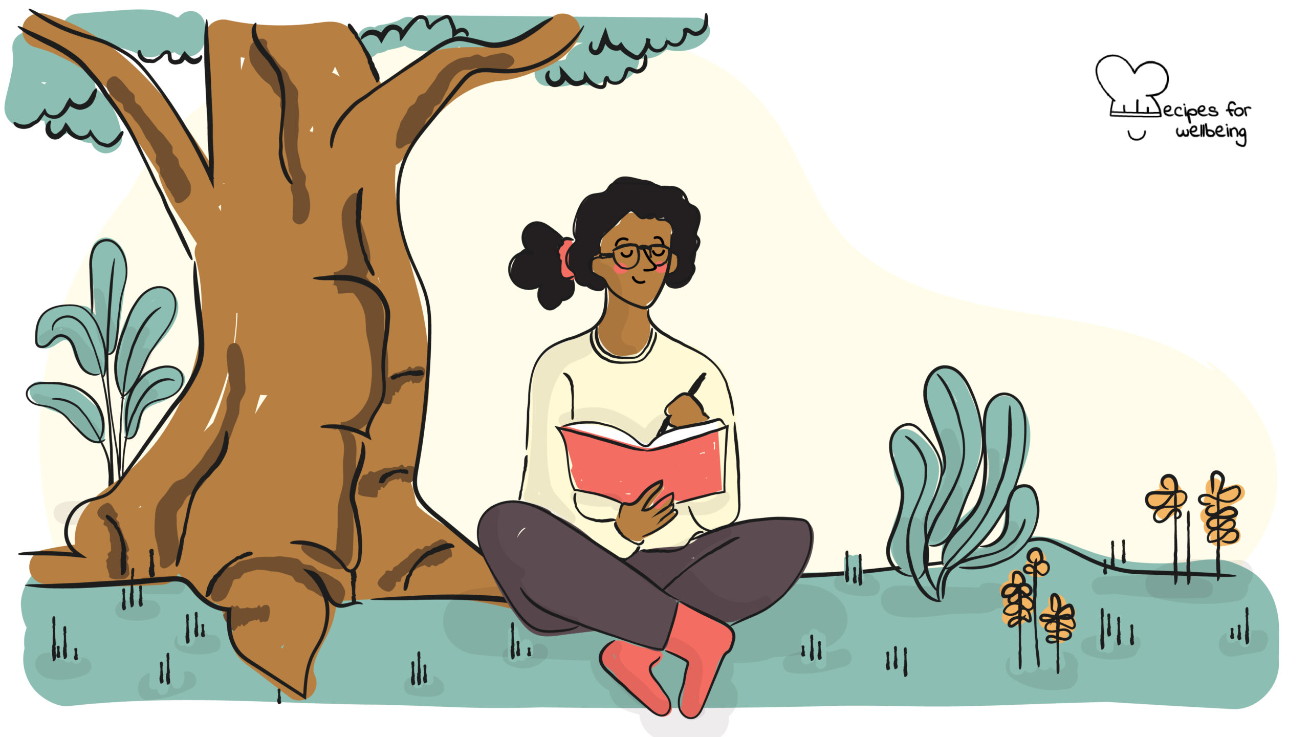 Illustration of a person sitting on the grass next to a tree with a journal in their hands. © Recipes for Wellbeing