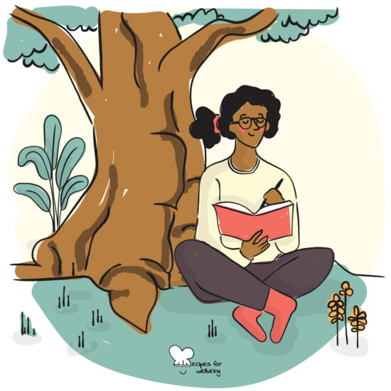 Illustration of a person sitting on the grass next to a tree with a journal in their hands. © Recipes for Wellbeing