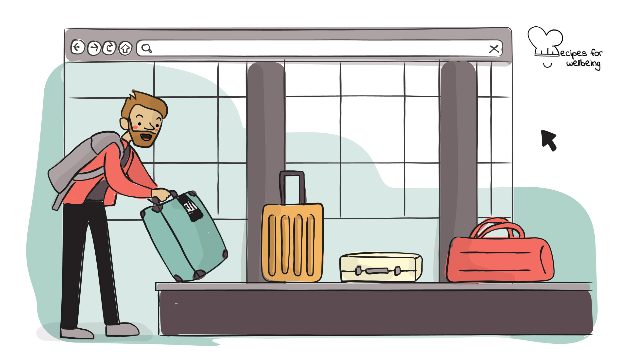 Illustration of a traveller picking up their luggage at the baggage belt. © Recipes for Wellbeing