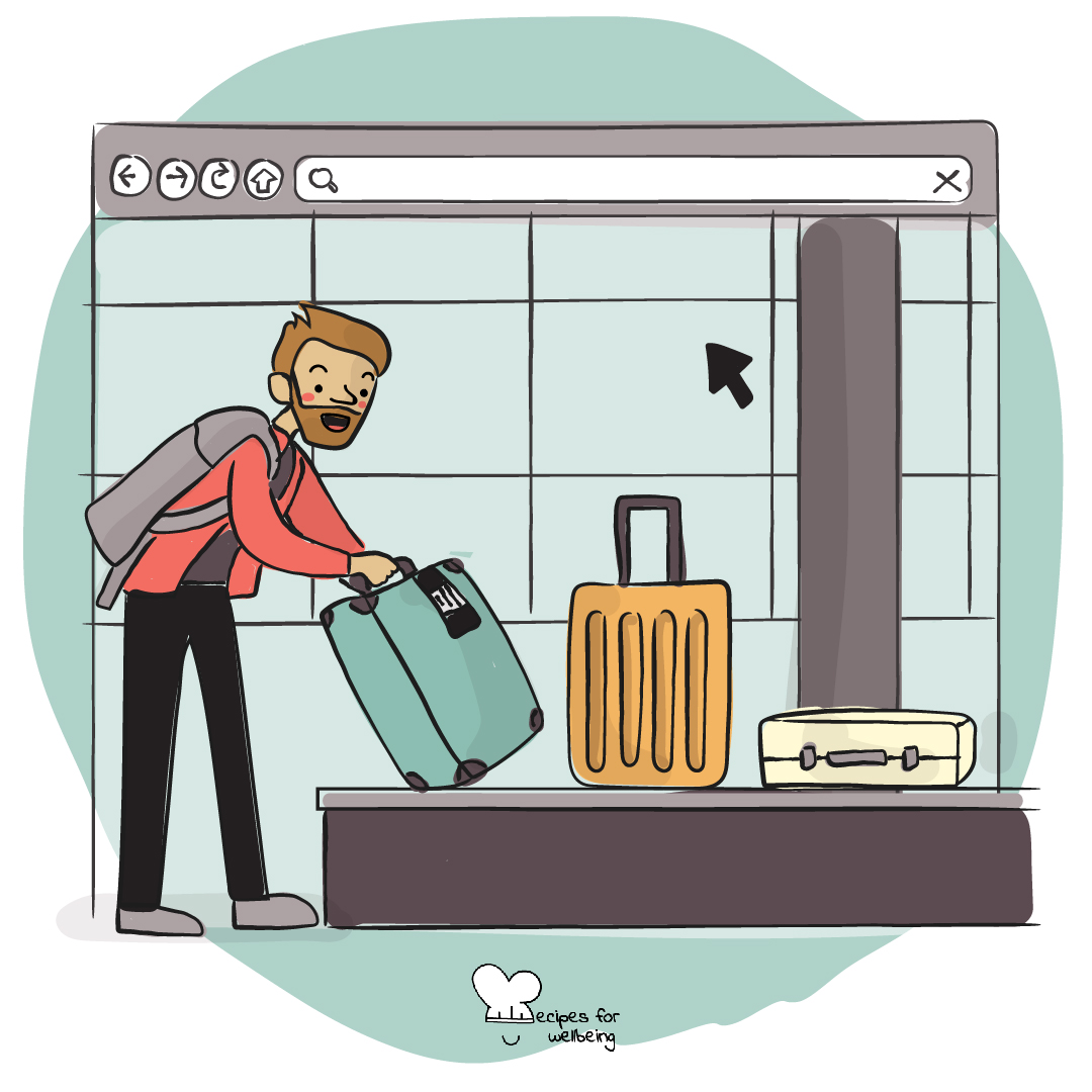 Illustration of a traveller picking up their luggage at the baggage belt. © Recipes for Wellbeing