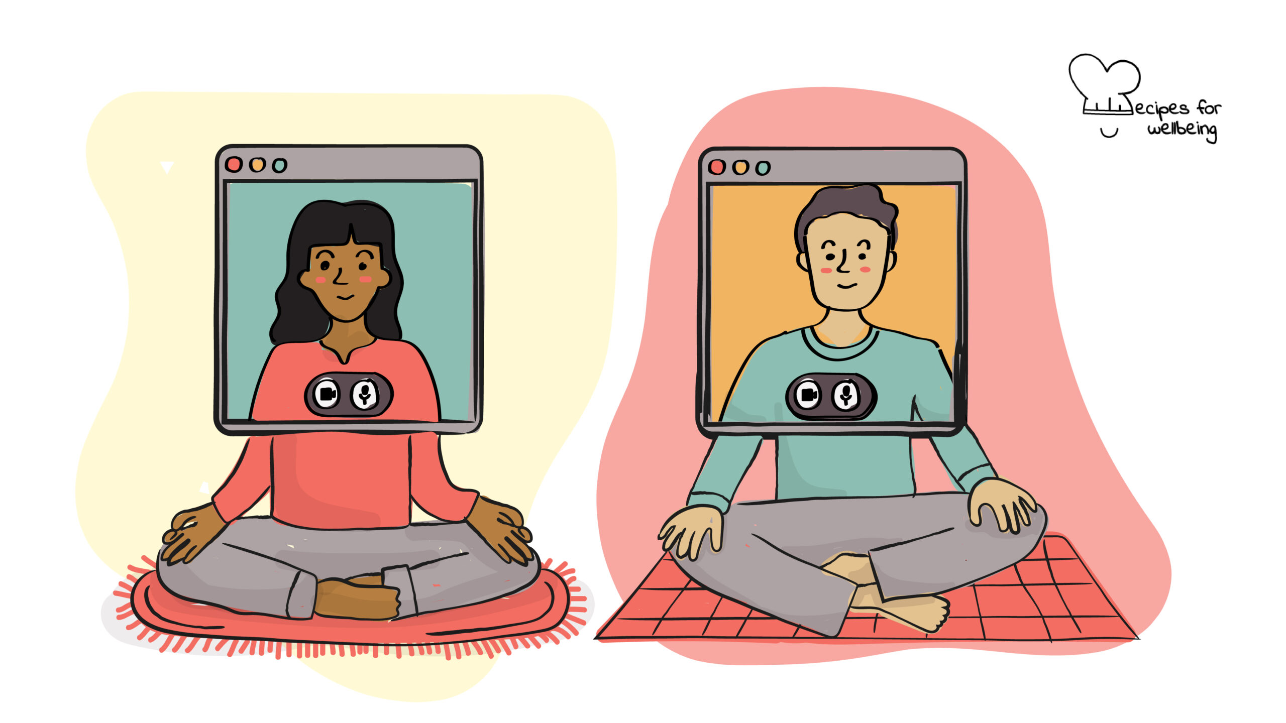 Illustration of two people connecting online and gazing at each other. © Recipes for Wellbeing