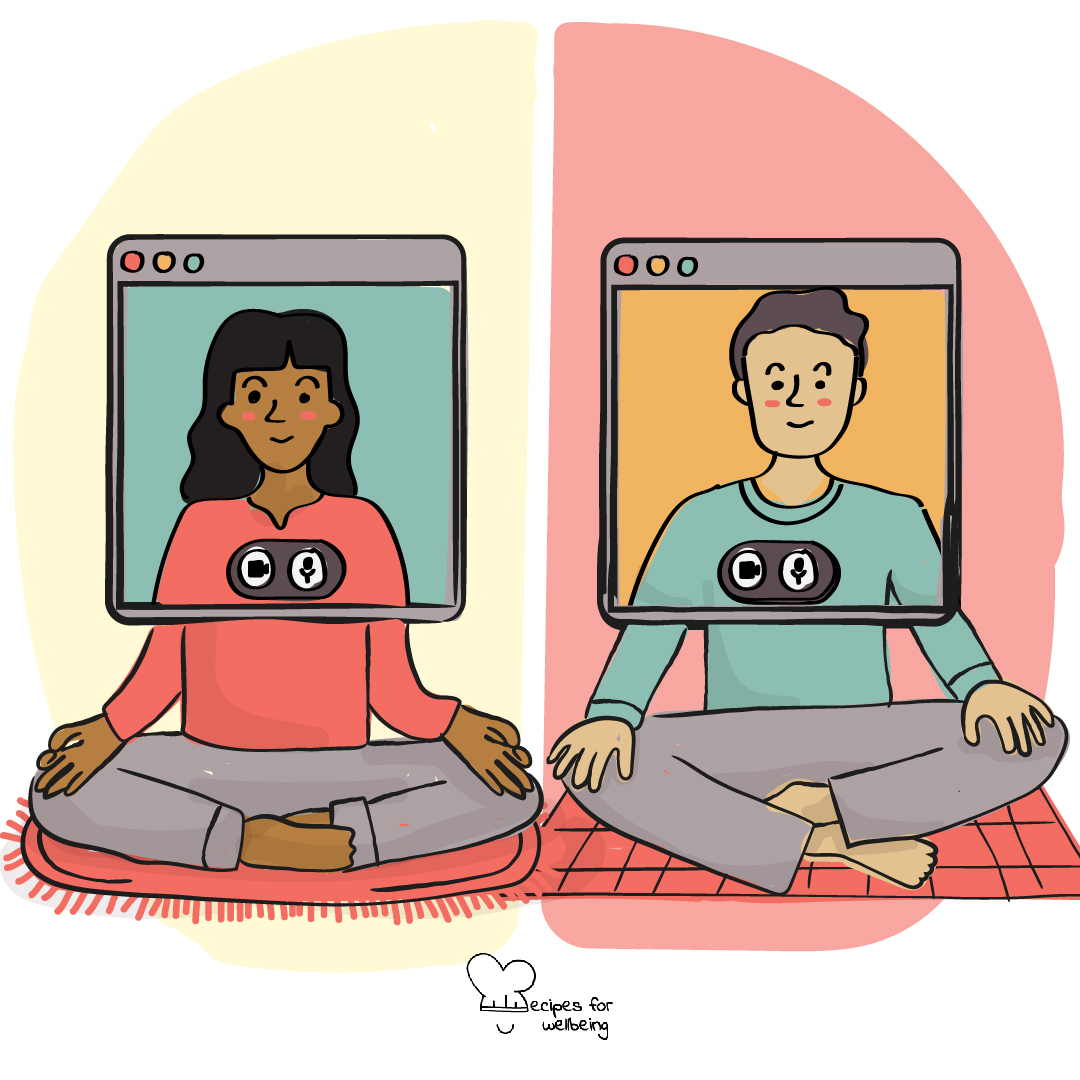 Illustration of two people connecting online and gazing at each other. © Recipes for Wellbeing