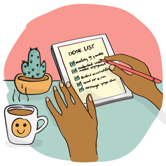 Illustration of a person's hands completing a "done list" of tasks. © Recipes for Wellbeing