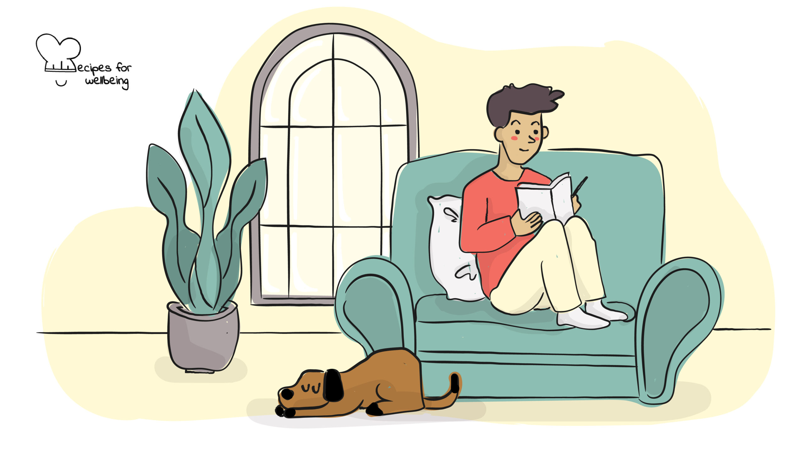 Illustration of a person sitting on a couch journalling and a dog resting on the floor. © Recipes for Wellbeing