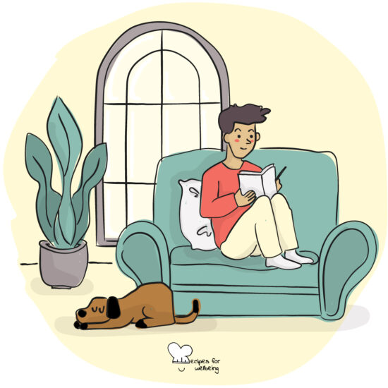 Illustration of a person sitting on a couch journalling and a dog resting on the floor. © Recipes for Wellbeing