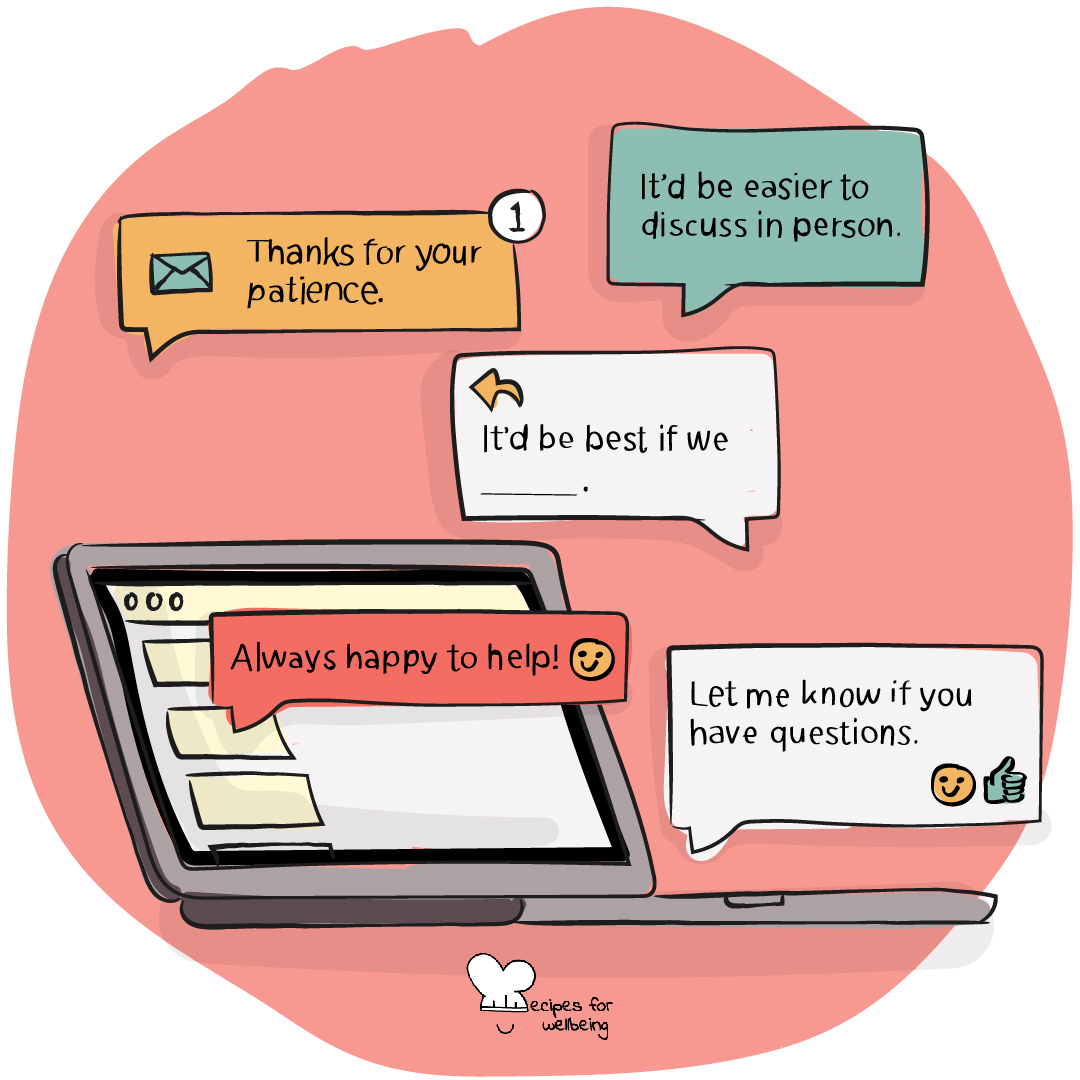 Illustration of a laptop and speech bubbles with email suggestions. © Recipes for Wellbeing
