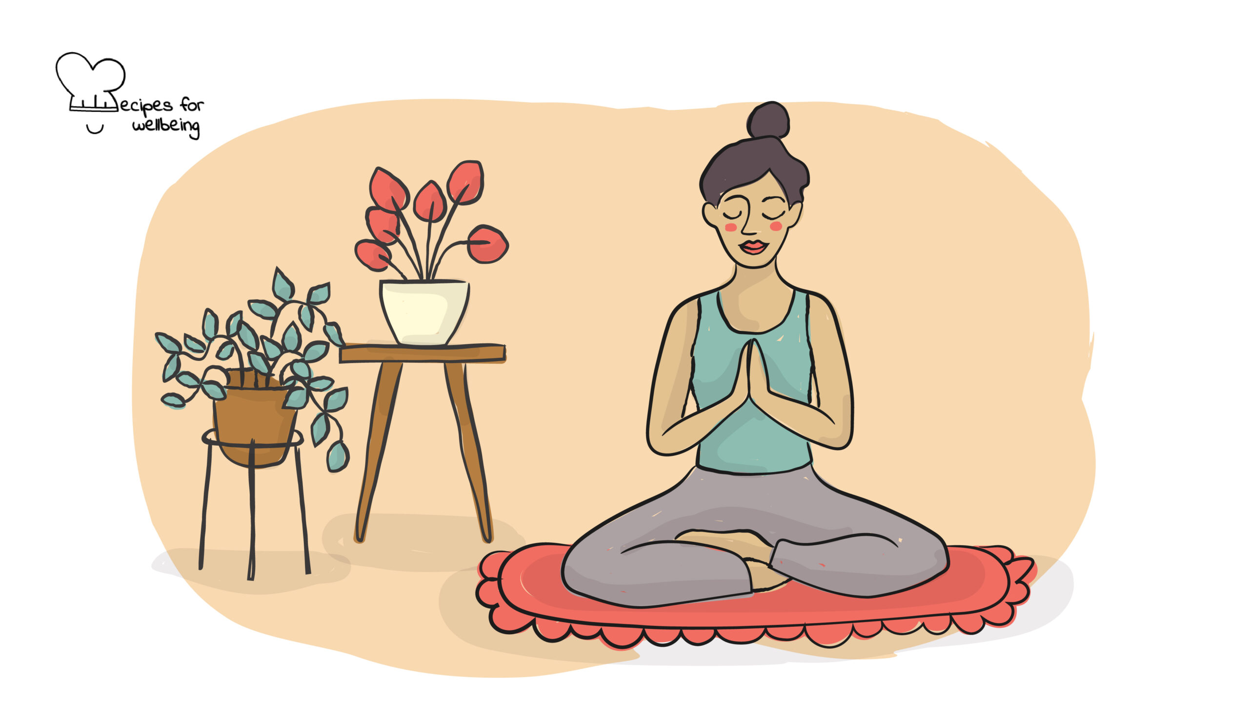 Illustration of a person sitting crossed legged on the floor in a meditative pose with the palms of the hands pressed against each other. © Recipes for Wellbeing