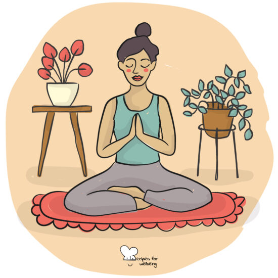 Illustration of a person sitting crossed legged on the floor in a meditative pose with the palms of the hands pressed against each other. © Recipes for Wellbeing