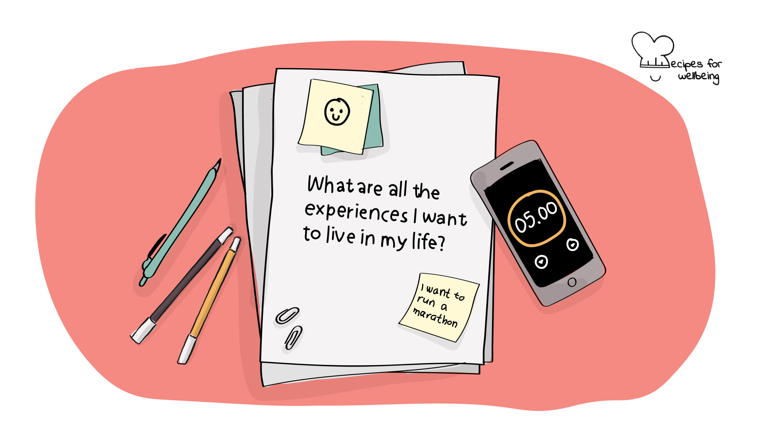 Illustration of a few sheets of paper with pens and a phone with a timer on. © Recipes for Wellbeing