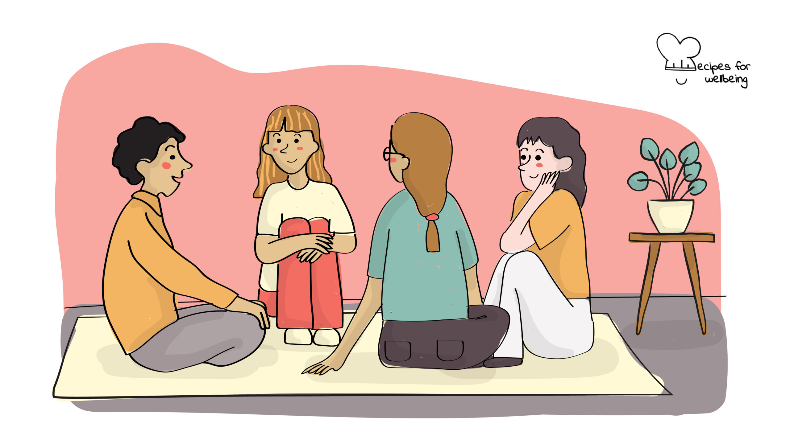 Illustration of a group of people sitting on the floor talking to each other. © Recipes for Wellbeing