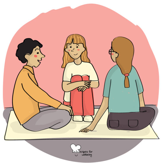 Illustration of a group of people sitting on the floor talking to each other. © Recipes for Wellbeing