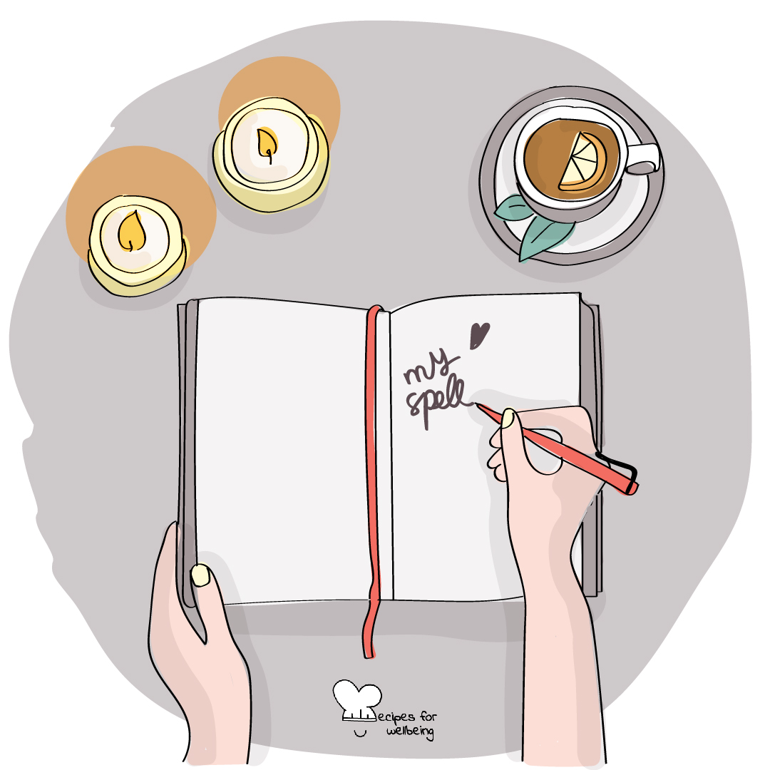 Illustration of a pair of hands writing on a journal the words "my spell". A couple of candles and a tea cup stand next to the journal. © Recipes for Wellbeing