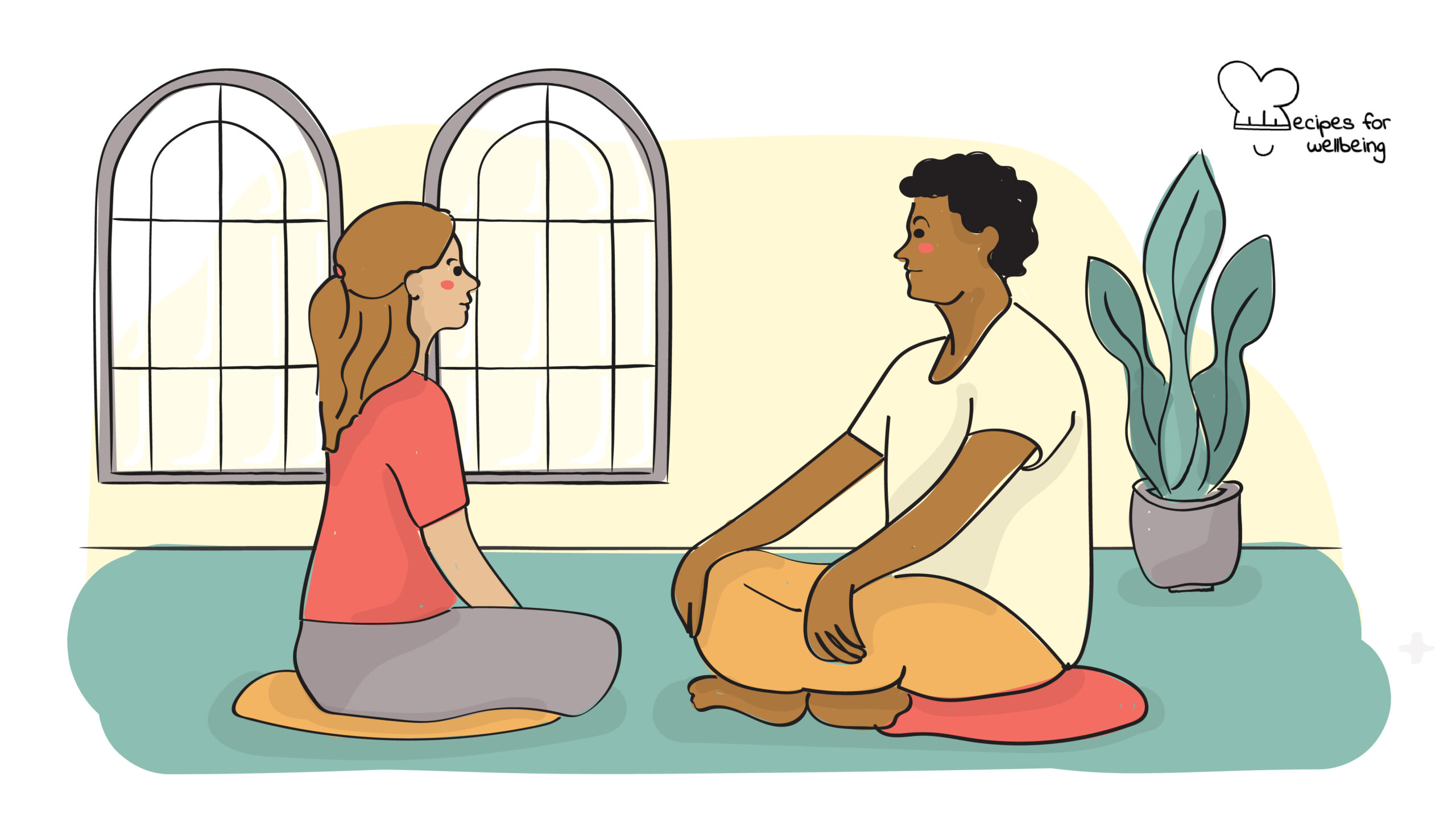 Illustration of two people sitting in front of each other and gazing at each other. © Recipes for Wellbeing