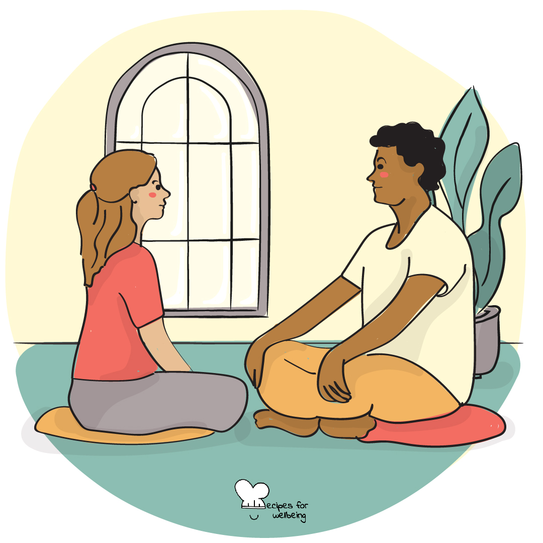 Illustration of two people sitting in front of each other and gazing at each other. © Recipes for Wellbeing