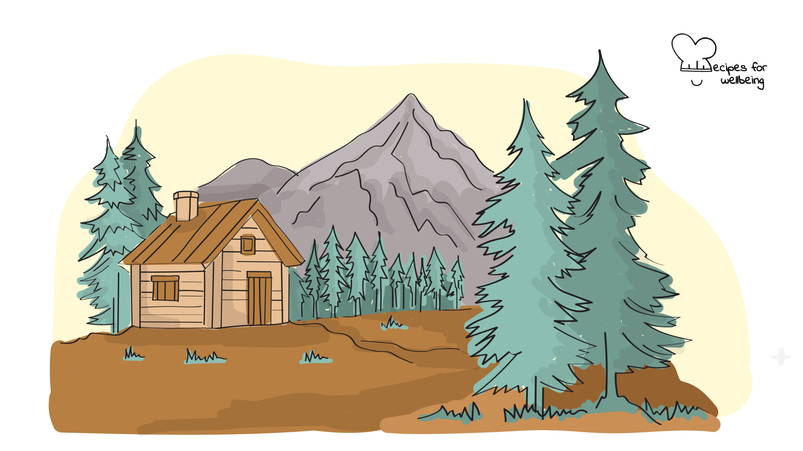 Illustration of a mountain refuge in the mountains. © Recipes for Wellbeing