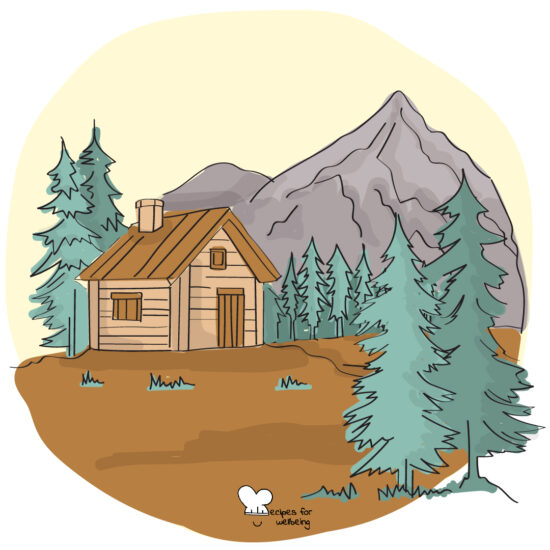 Illustration of a mountain refuge in the mountains. © Recipes for Wellbeing