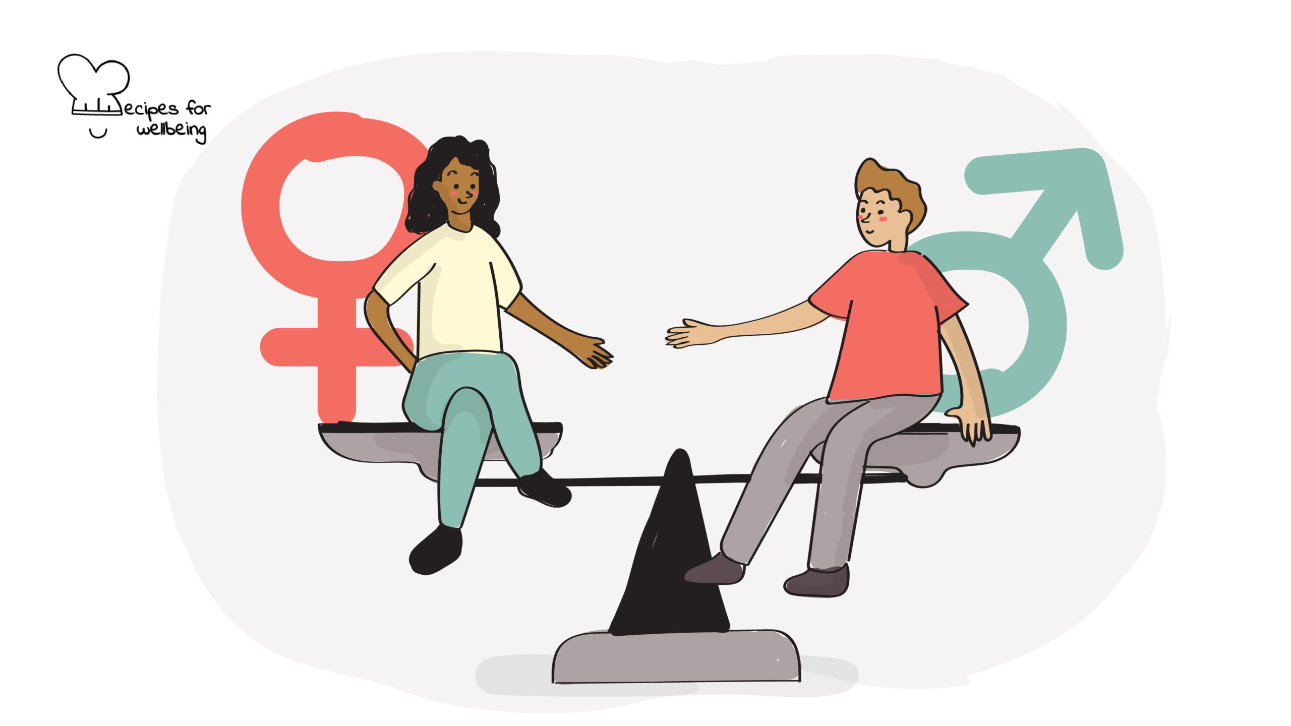 Illustration of a female and male person sitting on a scale to represent equality across the gender spectrum. © Recipes for Wellbeing