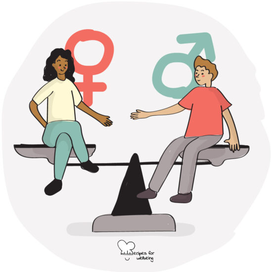 Illustration of a female and male person sitting on a scale to represent equality across the gender spectrum. © Recipes for Wellbeing