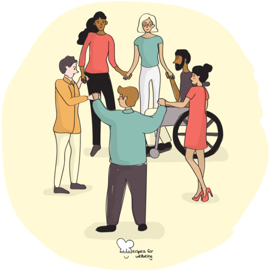 Illustration of a group of people in a circle holding hands. © Recipes for Wellbeing