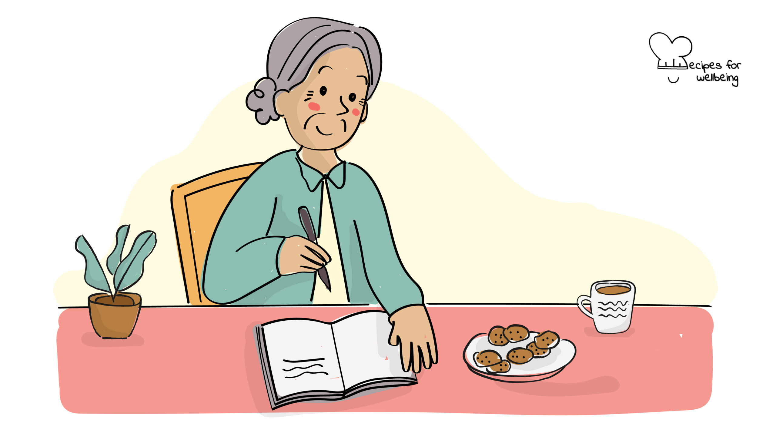 Illustration of an elderly person writing on a journal. © Recipes for Wellbeing