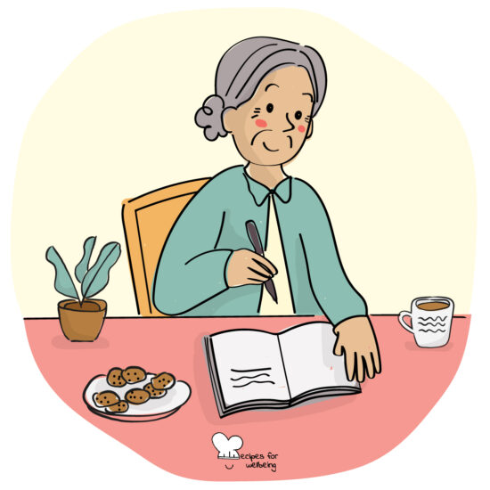 Illustration of an elderly person writing on a journal. © Recipes for Wellbeing