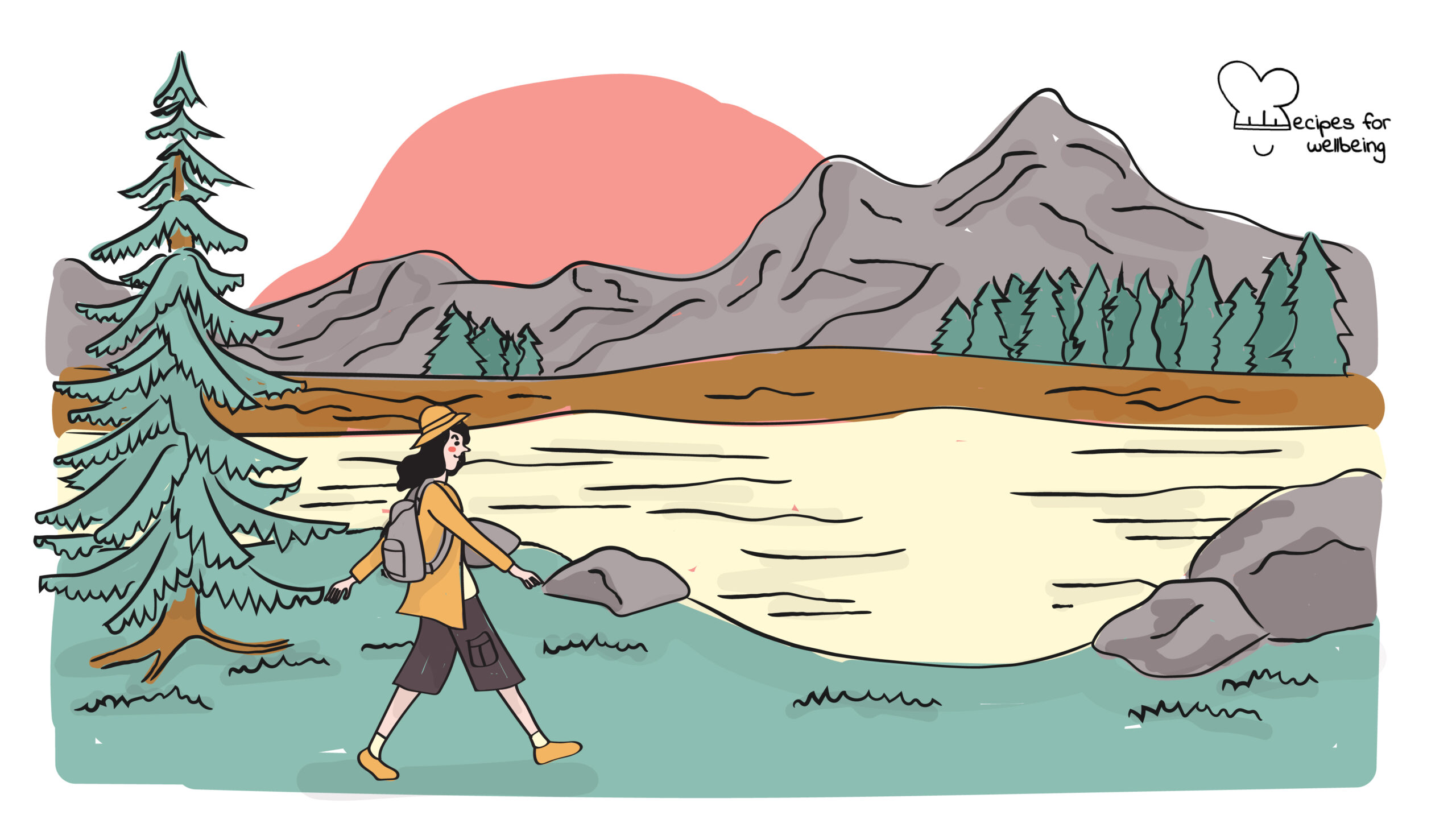 Illustration of a Nature landscape with mountains and trees and a person walking. © Recipes for Wellbeing