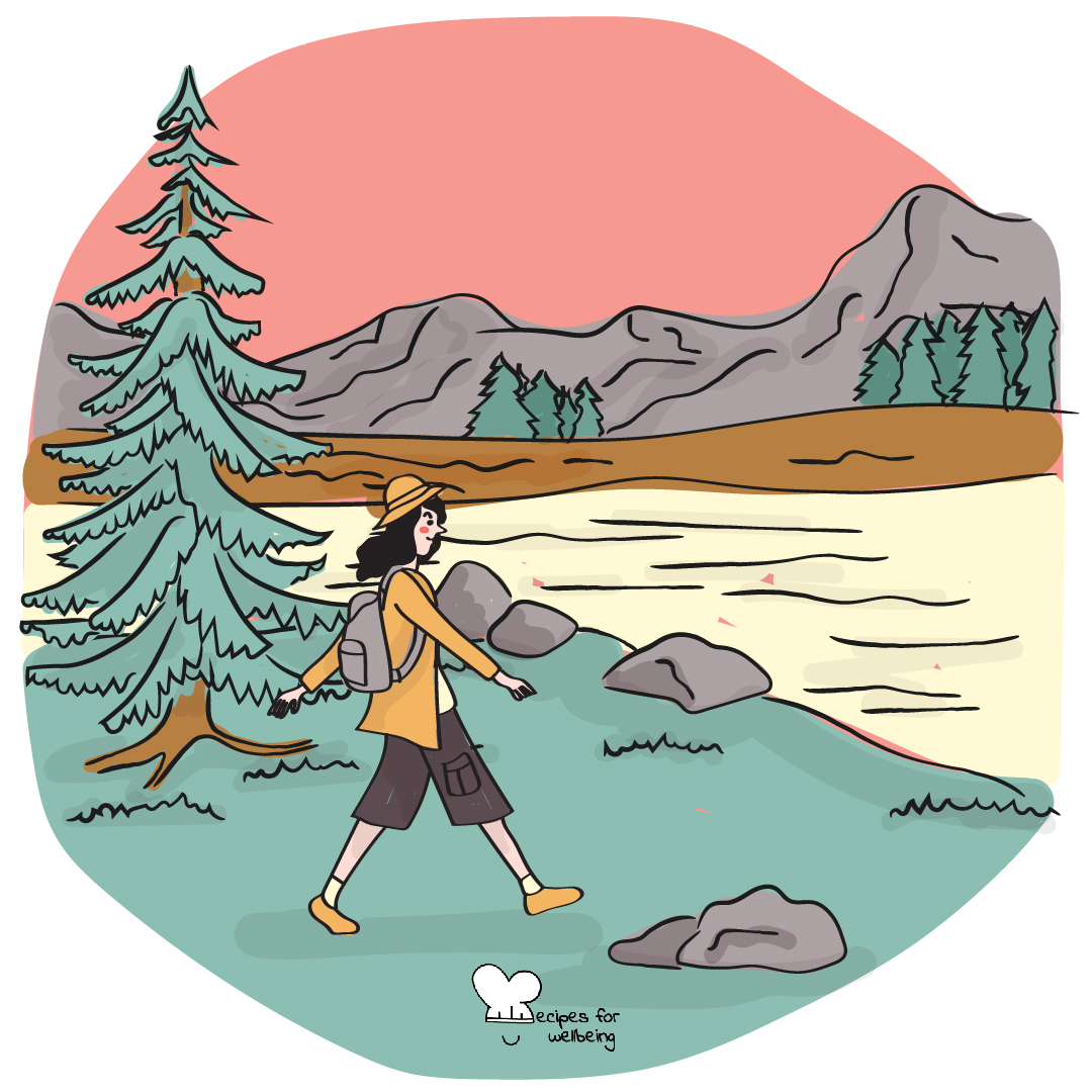 Illustration of a Nature landscape with mountains and trees and a person walking. © Recipes for Wellbeing