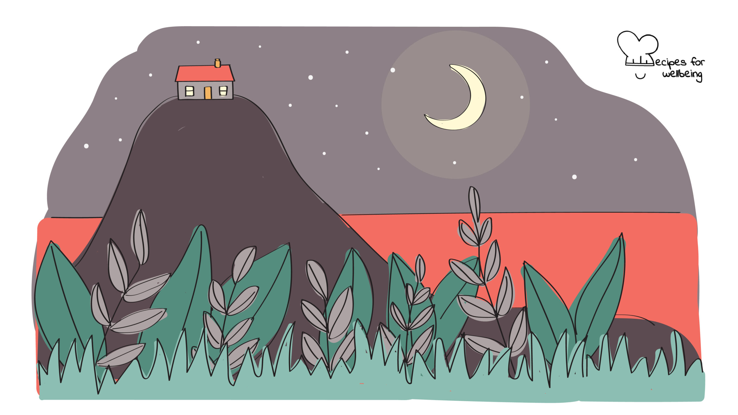 Illustration of a house on top of a hill at night. © Recipes for Wellbeing