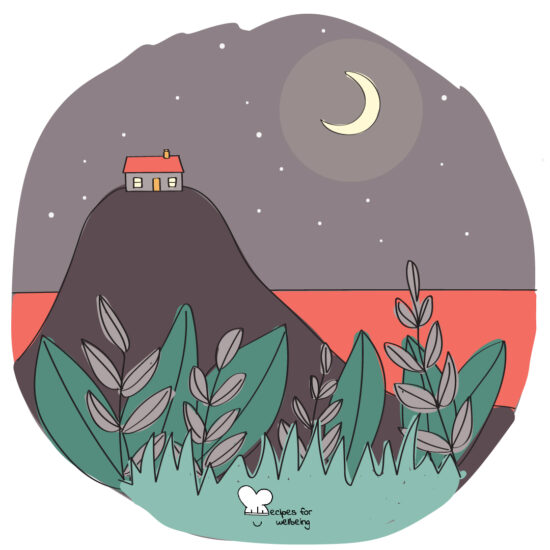Illustration of a house on top of a hill at night. © Recipes for Wellbeing