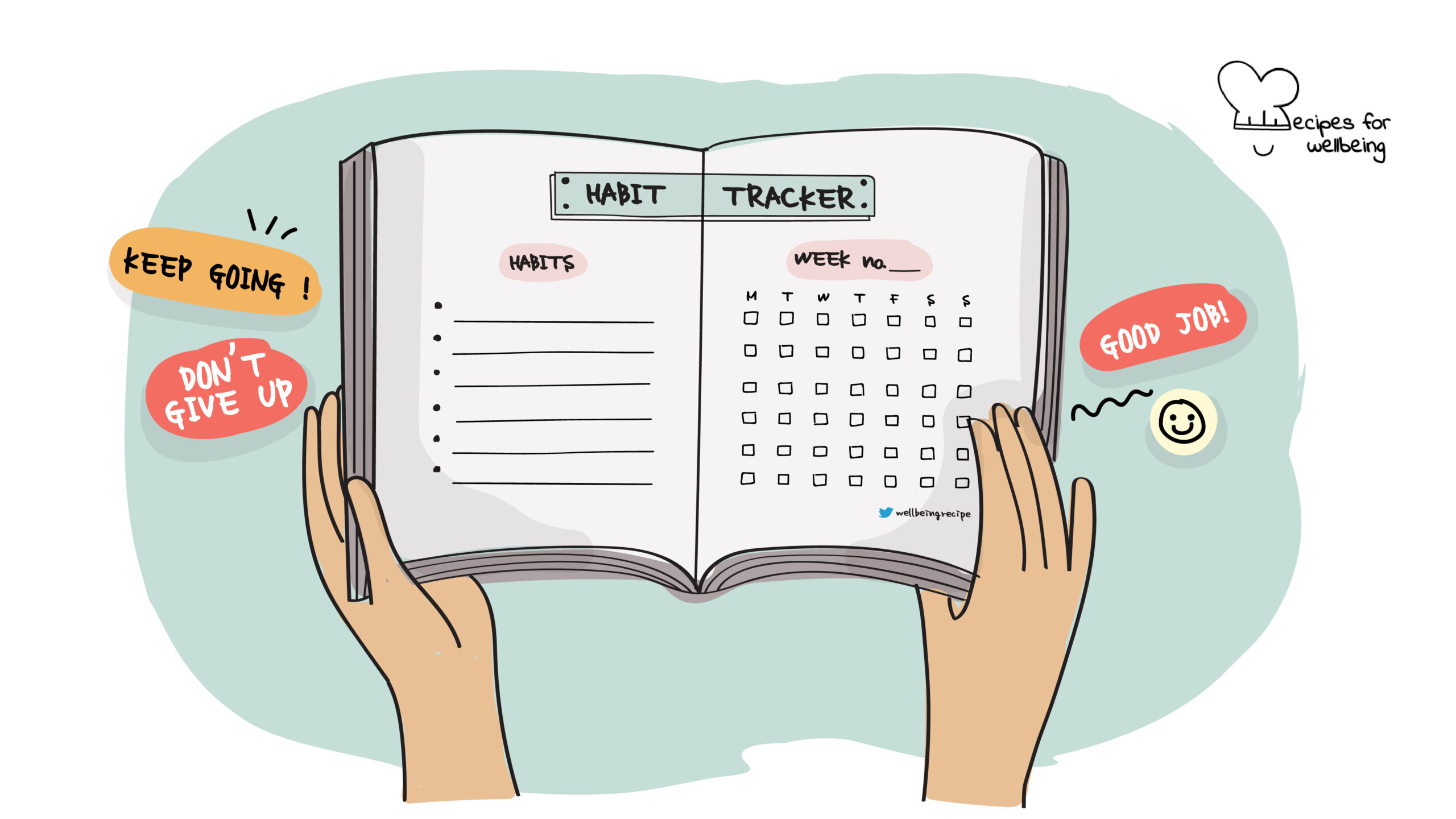 Illustration of a notebook open with the title "Habit Tracker". © Recipes for Wellbeing