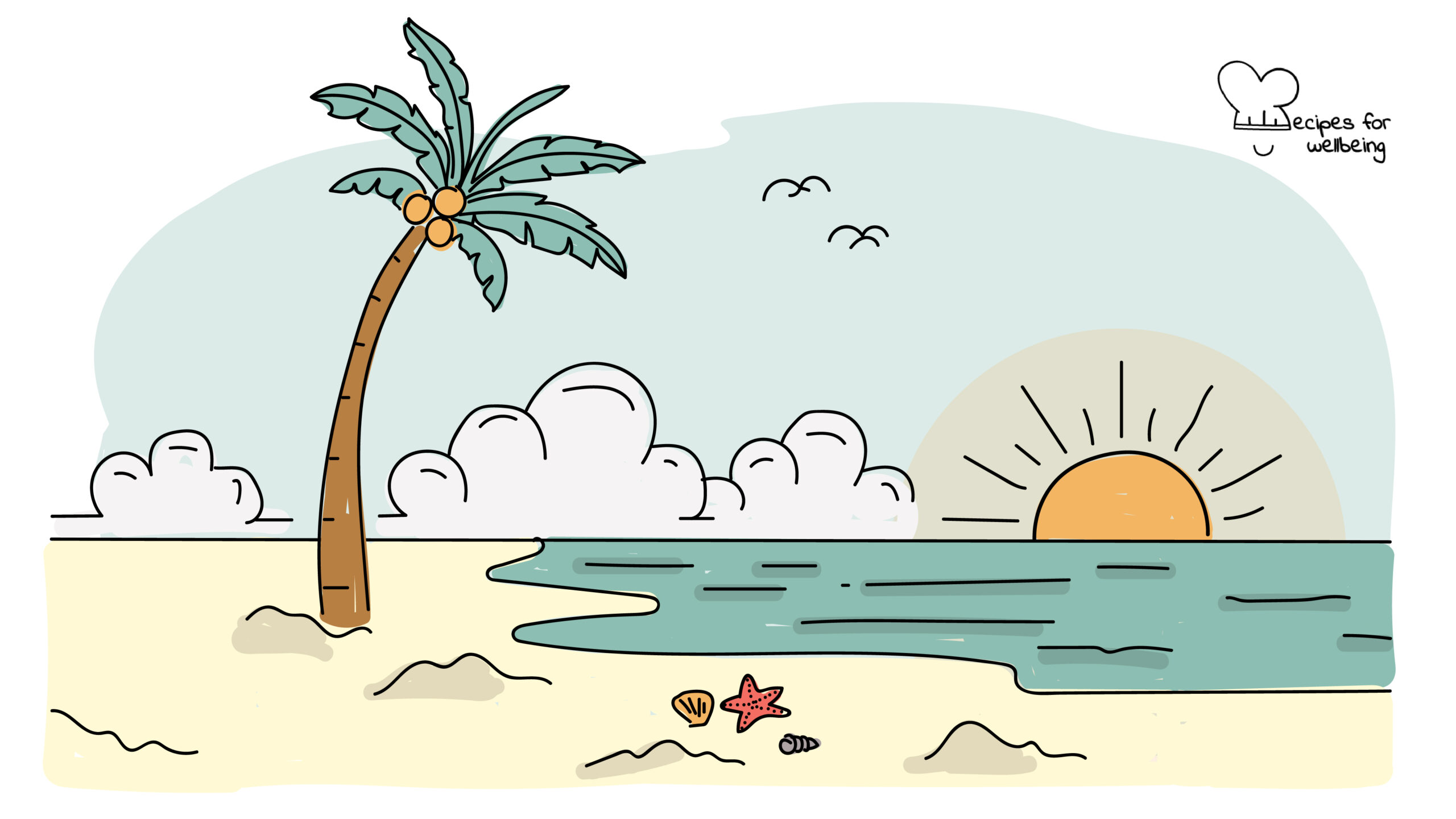 Illustration of a beach landscape with a palm tree and the sun over the horizon. © Recipes for Wellbeing
