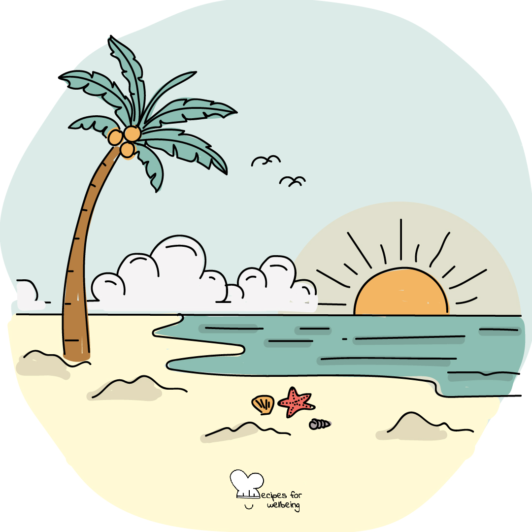 Illustration of a beach landscape with a palm tree and the sun over the horizon. © Recipes for Wellbeing