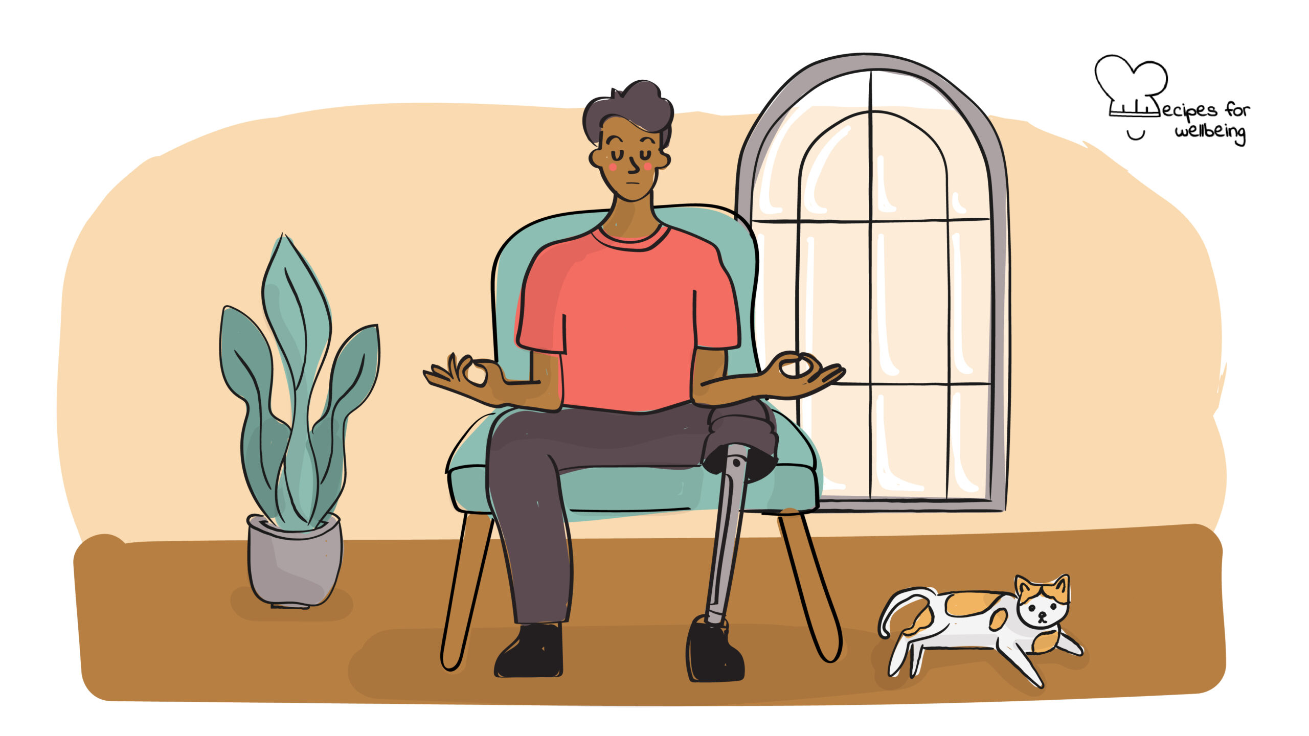 Illustration of a person with a prosthetic leg sitting on a chair in a meditative pose. © Recipes for Wellbeing