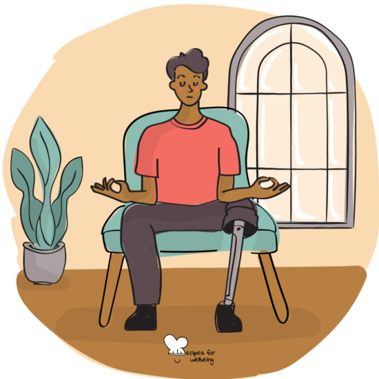 Illustration of a person with a prosthetic leg sitting on a chair in a meditative pose. © Recipes for Wellbeing